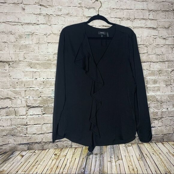 Theory Black Jastrid Modern Silk Ruffled sz Large - Picture 2 of 12